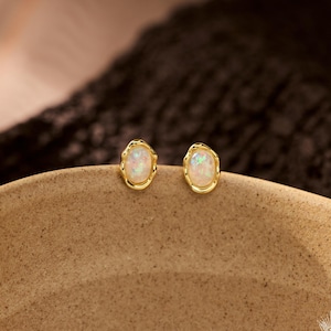 Vintage Opal Stud Gold Earrings, Sterling Silver Opal Stud Earrings, Minimal Opal Earrings, Oval Opal Earrings, Birthday Gift, Gifts for Her