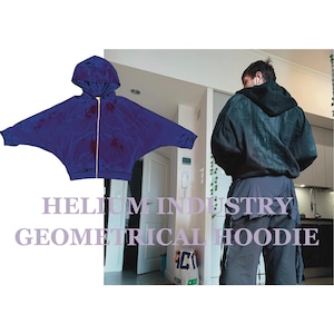 Può includere: Due felpe con cappuccio blu, una con un motivo geometrico e l'altra di colore pieno, con il testo "HELIUM INDUSTRY GEOMETRICAL HOODIE" stampato sotto.