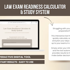Op de afbeelding: Een laptop toont de website "Law Exam Readiness Calculator & Study System". Het scherm toont tekst en een formulier. Daaronder staat "Interactive Digital Tool" en "Instant Results • Easy to Use."