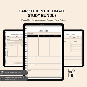 May include: A digital and printable PDF study bundle for law students. The bundle includes an essay planner, assessment planner, and case briefs. The image shows three digital tablets with the text "LAW STUDENT ULTIMATE STUDY BUNDLE". The bundle is designed specifically for law students.