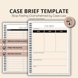 May include: A digital case brief template with the text "CASE BRIEF TEMPLATE" and "Stop Feeling Overwhelmed by Case Law." The template includes sections for case lists, facts, issues, and rules. A PDF icon is in the upper right corner.