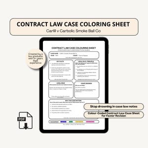 May include: A digital tablet displays a "Contract Law Case Coloring Sheet" for law students. The sheet, titled "Carlill v Carbolic Smoke Ball Co," includes key facts, legal issues, and court decisions. Text on the tablet reads "Stop drowning in case law notes."