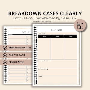 Puede incluir: Dos cuadernos encuadernados en espiral con el texto "BREAKDOWN CASES CLEARLY" y "CASE BRIEF" se muestran. Los cuadernos tienen secciones para listas de casos, hechos, problemas y reglas. Un icono PDF está en la esquina superior derecha.