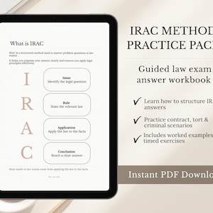 May include: A tablet screen shows a law exam study guide, "IRAC METHOD PRACTICE PACK." The guide explains the IRAC method: Issue, Rule, Application, and Conclusion. It promises to help structure answers and includes worked examples for contract, tort, and criminal scenarios.