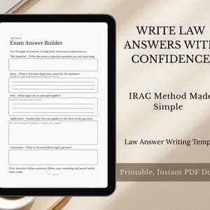 May include: A black tablet shows a law answer writing template with the text "Write Law Answers With Confidence." The template includes sections for issue, rule, application, and conclusion, designed for clear, structured exam answers.