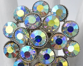 Aurora Borealis Rhinestone Cocktail Ring, Adjustable Silver Band