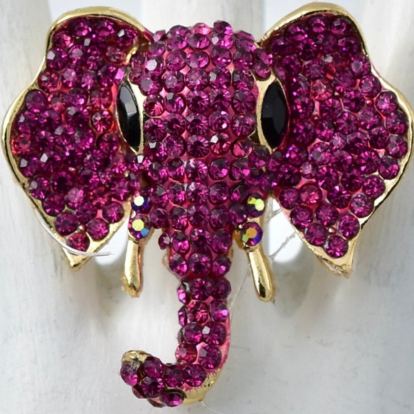 Fuchsia Rhinestone Elephant Ring Gold Ring Animal Jewelry Adjustable Ring