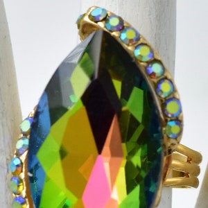 Rainbow Cocktail Ring Aurora Borealis Rhinestones Gold Ring Adjustable Ring