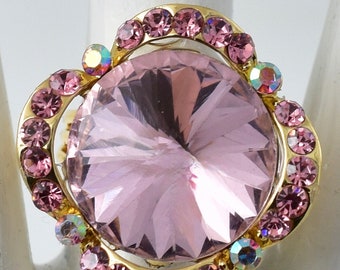 Pink Rhinestone Ring Aurora Borealis Rhinestones Gold Ring Summer Jewelry Adjustable Ring