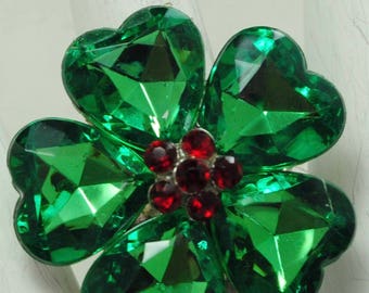 Christmas Flower Ring Green & Red Rhinestones Christmas Jewelry Adjustable Ring