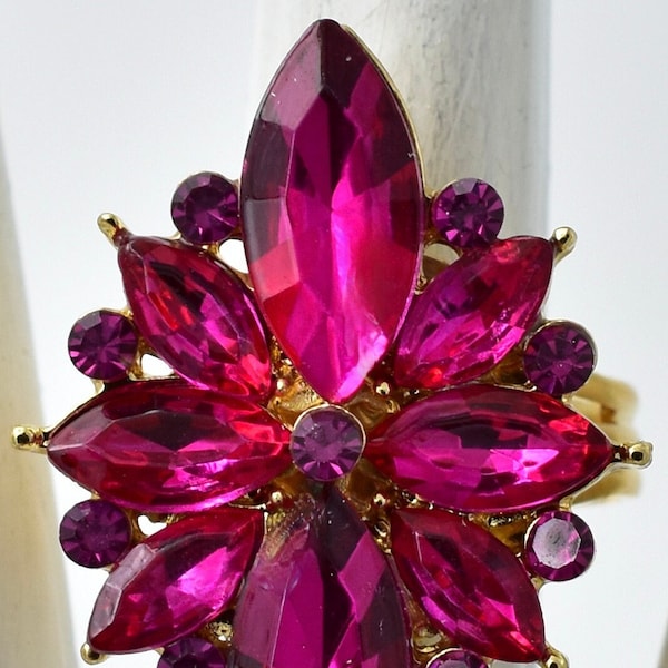 Magenta Cocktail Ring Marquise Rhinestones Gold Ring Crystal Ring Adjustable Ring