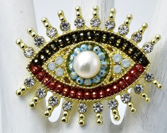 Evil Eye Ring Gold Ring Pearl & Rhinestone  Ring Adjustable Ring