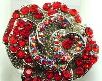 Red Rose Ring Rhinestones Silver Ring Gift For Women Adjustable Ring