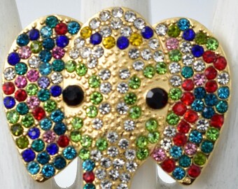 Anillo de elefante dorado con diamantes de imitación multicolor, joyería animal, anillo ajustable