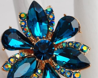 Turquoise Rhinestone Floral Ring   Gift For Women Gold Ring Adjustable Ring