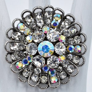 Rhinestone Cocktail Ring Aurora Borealis  Big Silver Ring Adjustable Ring