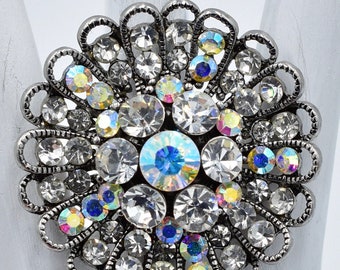Aurora Borealis Rhinestone Cocktail Ring, Adjustable Silver Band