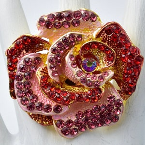 Rhinestone Rose Ring Pink & Red Rhinestones Big Ring Gold Ring Adjustable Ring
