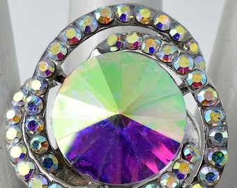 Silver Cocktail Ring Aurora Borealis Rhinestones Wedding Jewelry Adjustable Ring