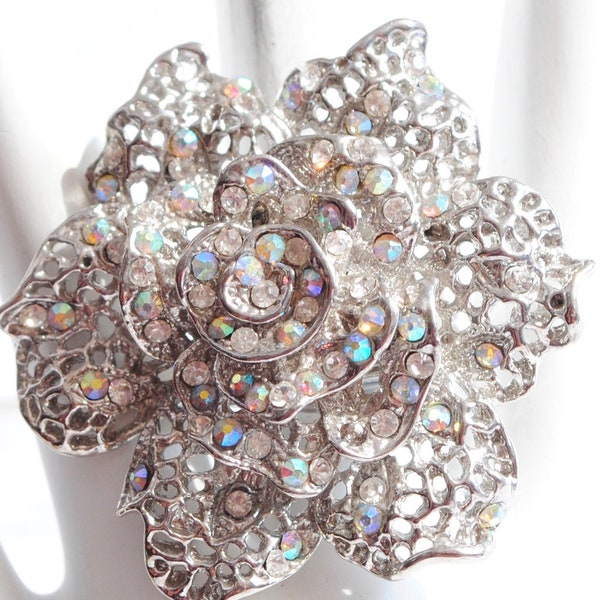 Big Flower Cocktail Ring/Silver/Aurora Borealis Rhinestone/Wedding Jewelry/Statement Ring/Gift For HerAdjustable/Under 20 USD