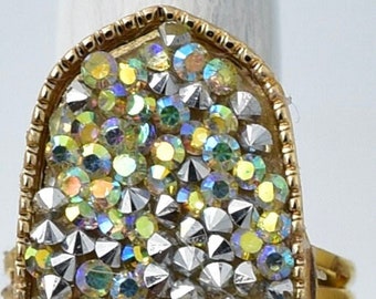 Aurora Borealis Rhinestone Ring, Adjustable Gold Plate