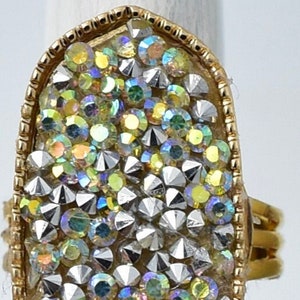 Sparkly Gold Ring Aurora Borealis & Silver Stones  Hexagon Ring  Adjustable Ring