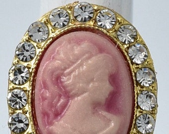 Pink Cameo Ring Vintage Style Ring Silhouette Ring Rhinestone Ring Gold Ring Adjustable Ring
