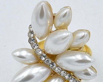 Pearl Cocktail Ring Rhinestones  Gold Ring Cluster Ring Adjustable Ring