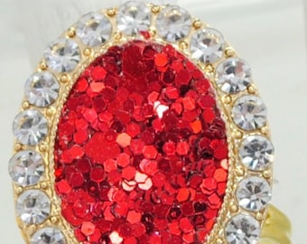 Bague en strass scintillants rouges, anneau réglable en or