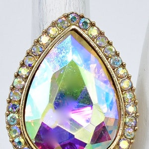 Rhinestone Cocktail Ring Aurora Borealis Gold Ring Gift For Women Teardrop Ring Adjustable Ring
