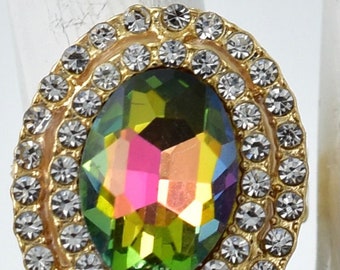 Rhinestone Cocktail Ring, Rainbow Aurora Borealis Stone, Adjustable Gold Ring