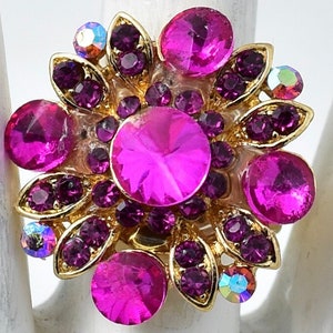 Pink Rhinestone Flower Ring Aurora Borealis Stones Gold Ring Adjustable Ring