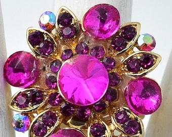 Pink Rhinestone Flower Ring Aurora Borealis Stones Gold Ring Adjustable Ring