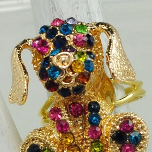 Petite Dog Ring Multicolor Rhinestones Gold Ring Animal Jewelry Adjustable Ring image 3