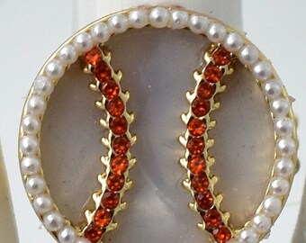 Baseball Ring Pearl and Rhinestone Gold Ring Adjustable Ring