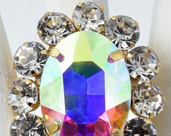 Aurora Borealis Rhinestone Cocktail Ring, Adjustable Gold Band