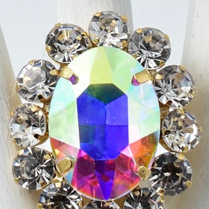 Cocktail Ring Aurora Borealis Rhinestones Oval Gold Ring Adjustable Ring