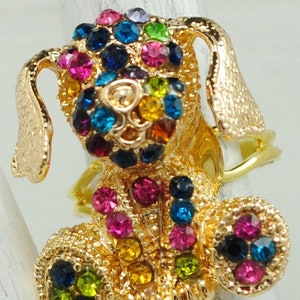 Petite Dog Ring Multicolor Rhinestones Gold Ring Animal Jewelry Adjustable Ring image 1