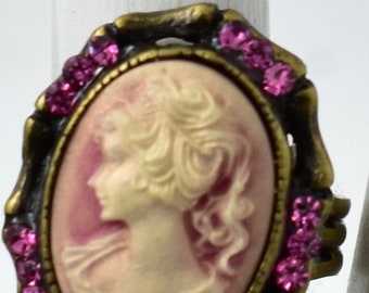 Cameo Ring Pink Rhinestone Vintage Style Pink Silhouette Adjustable Ring