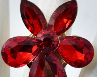 Red Cocktail Ring Red Rhinestones Crystal Ring Gold Ring Adjustable Ring