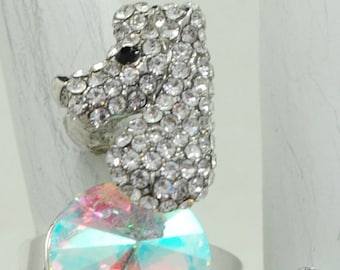 Dog Ring AB Rhinestones French Poodle  Pet Jewelry Gift For Her Adjustable Ring