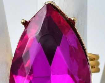 Fuchsia Rhinestone Teardrop Cocktail Ring, Adjustable Gold Band