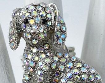 Silver Dog Ring Aurora Borealis Rhinestones Pet Jewelry Adjustable Ring