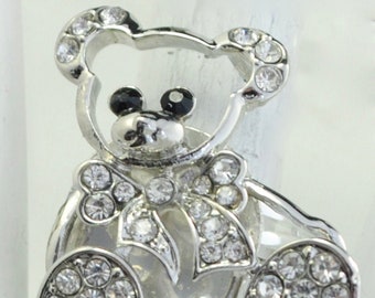 Teddy Bear Ring Rhinestones Silver Ring Gift For Her Adjustable Ring