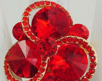 Red Rhinestone Cocktail Ring, Adjustable Gold Tone