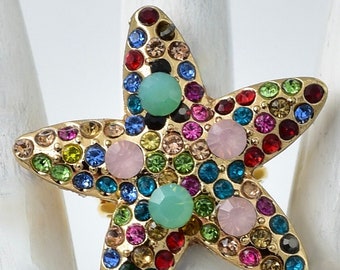 Gold Starfish Ring Multicolor Rhinestones  Summer Jewelry Beach Jewelry Adjustable Ring