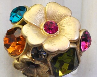 Gold Floral Ring Multicolor Rhinestones Adjustable Ring Gift For Women