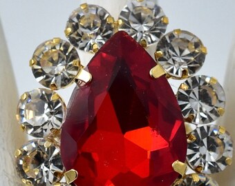 Red Cocktail Ring Clear Rhinestones Big Teardrop Ring Gold Ring Adjustable Ring