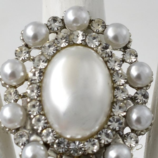 Oval Pearl Ring Clear Rhinestones Silver  Ring Adjustable Ring
