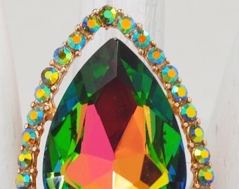 AB Rhinestone Ring, Gold Adjustable Pear-Shaped Ring